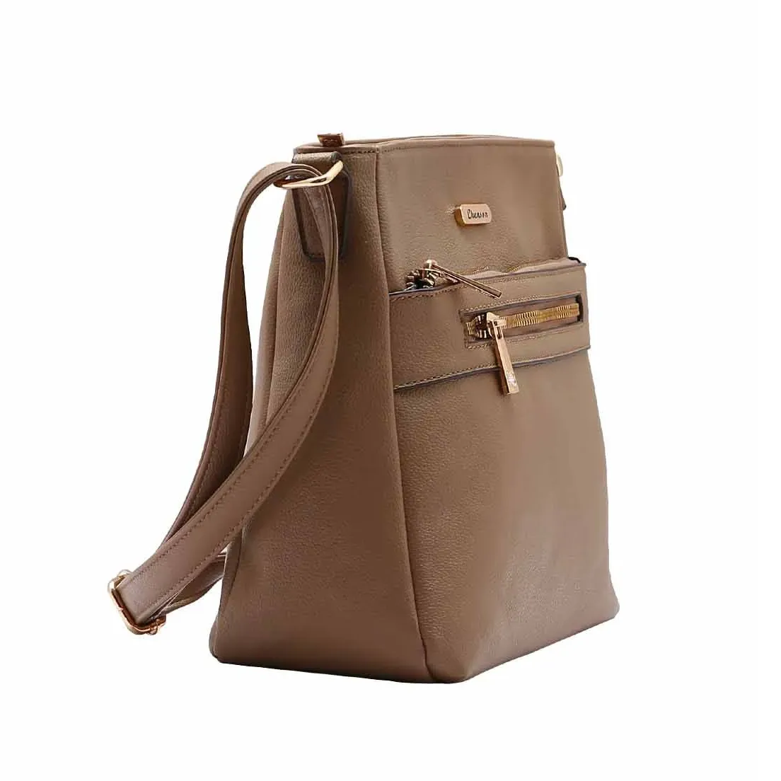 Bolsa feminina transversal Chenson bege vista lateral mostrando alça ajustável e profundidade